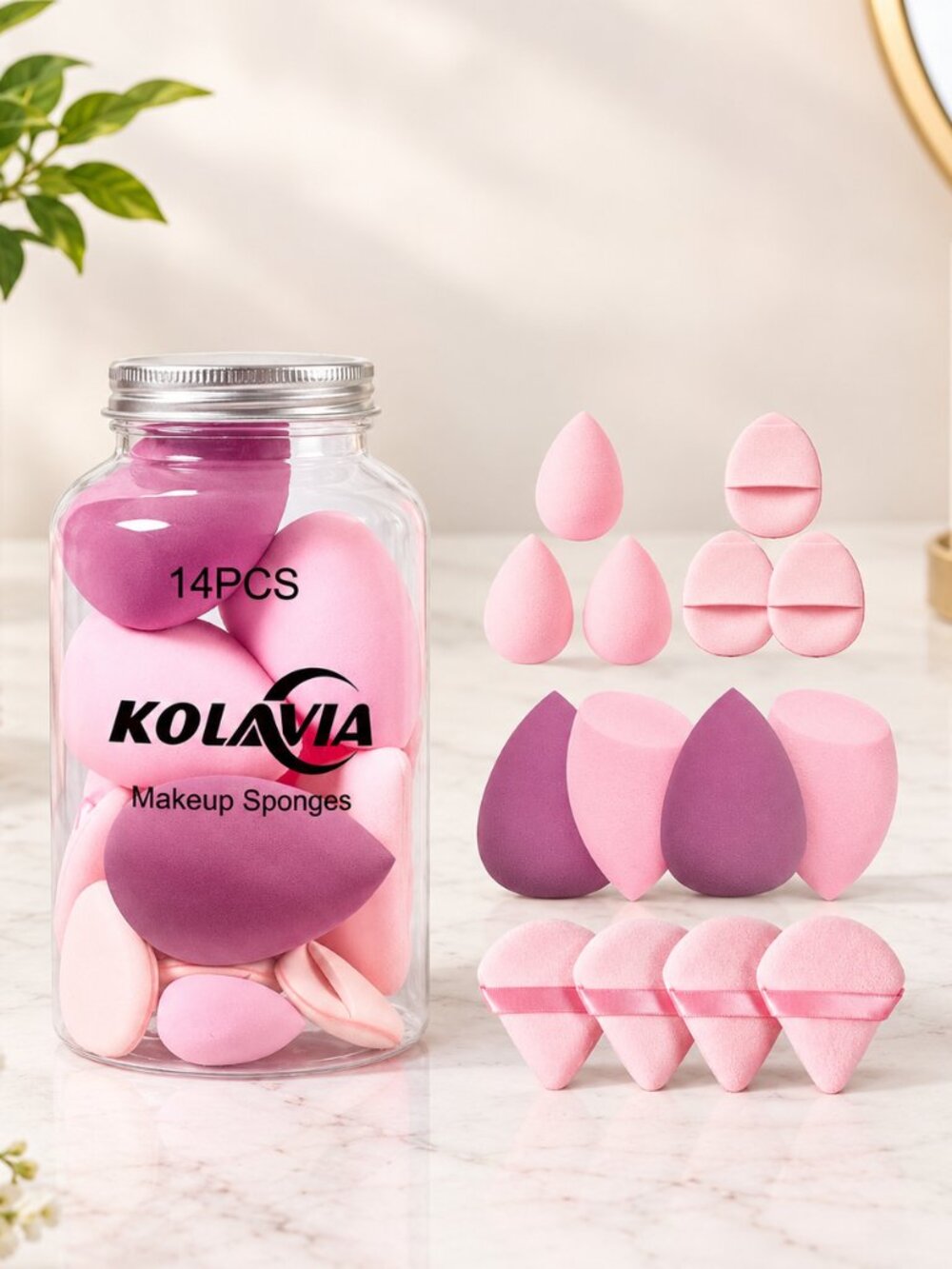 14PCS Makeup Sponge Set Beauty Blender 3 Mini Sponges 4 Triangle Powder Puffs